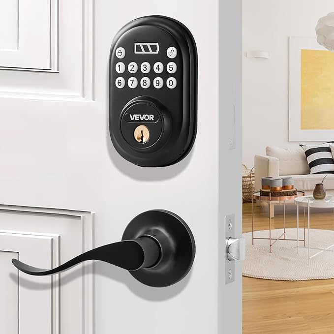 VEVOR Keyless Entry Door Lock with Handle, Electronic Keypad Entry Lever, Password and Key Unlock Combination, Auto-Locking Keypad with Deadbolt, One-time Password, for Front Door, Matte Black