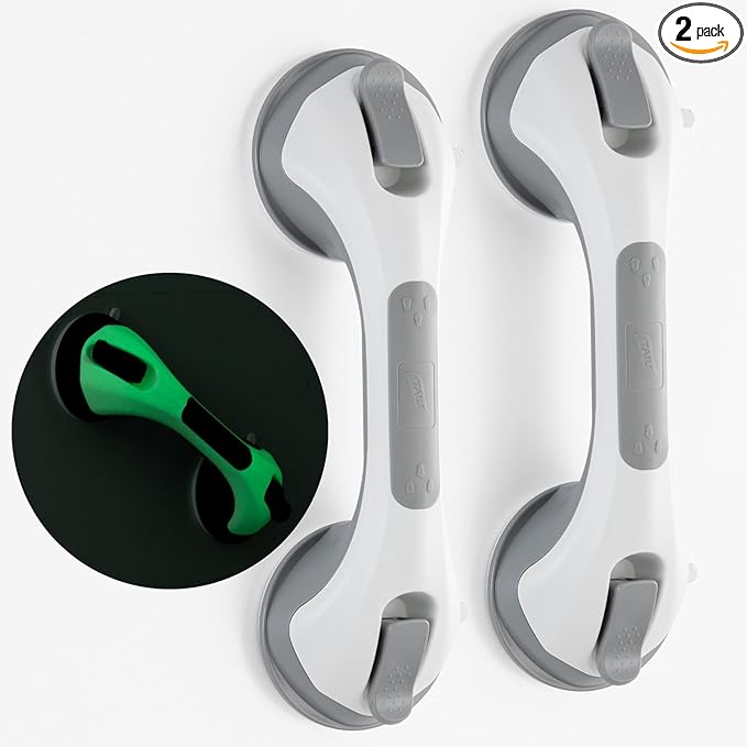 TAILI Shower Grab Bar Glow in The Dark, 2 Pack 12.2 in Grab Bars for Bathtubs and Showers,Shower Handles Shower Rails for Seniors and Elderly,Bathroom Safety Grip Removable No Drilling Waterproof Grey
