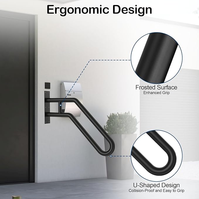 Handrails for Outdoor Steps, Stair Railing Indoor1-3 Step, U-Shaped Stairs Wall Mounted Metal Handrail for Garage, Porch, Yard and Garden - Black