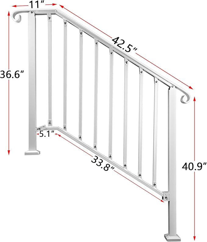 Adjustable Handrails for Outdoor Steps, Handrail Picket #3 Fits 3 or 4 Steps, Mattle Wrought Iron Handrail, Stair Rail with Installation Kit for Outdoor Steps,White