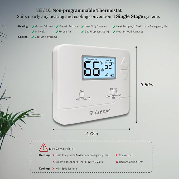 NonProgrammable Thermostat for Home, Single-Stage Systems,Digital Energy-Saving Thermostat,1 Heat/1 Cool, Easy DIY Install,White Backlight