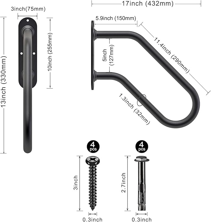 SELEWARE Heavy Duty Wall Mount Handrails for Outdoor Steps, Non-Slip Stair Grab Bars, U-Shaped Safety Railings for Porch, Garage, Garden, Indoor/Outdoor Use