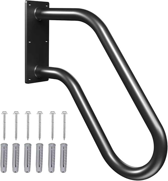 Handrails Wall Mount Stair Safety Handle Non-Slip Step Metal U-Shape Grab Yard Mounted Garage Porch Garden Hand Railings Powder Coated Heavy Duty Indoor or Outdoor Safe Bars Black for 1 to 3 Steps