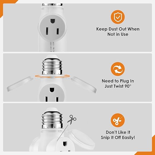 Onite Light Socket Outlet Adapter, Update to 3 Prong Plug Splitter with Waterproof and Dustproof Cover for Outdoor & Indoor, (White, 2-Pack)
