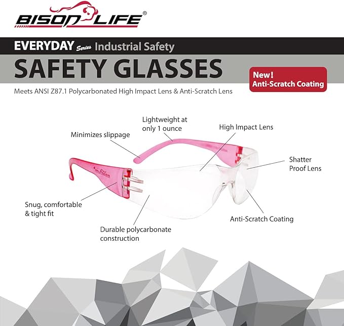 BISON LIFE Safety Glasses - Scratch Resistant Wrap Around Eyewear, Polycarbonate ANSI Z87.1 Impact Resistant Lens