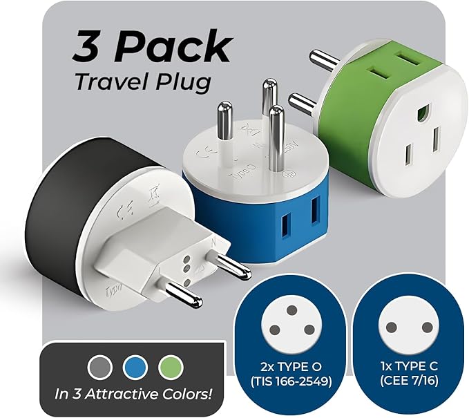 OREI Thailand Power Plug Adapter with 2 USA Inputs - Travel 3 Pack - 2 x Type O, 1 x Type C (US-18) Safe Grounded Use with Cell Phones, Laptop, Camera Chargers, CPAP, and More