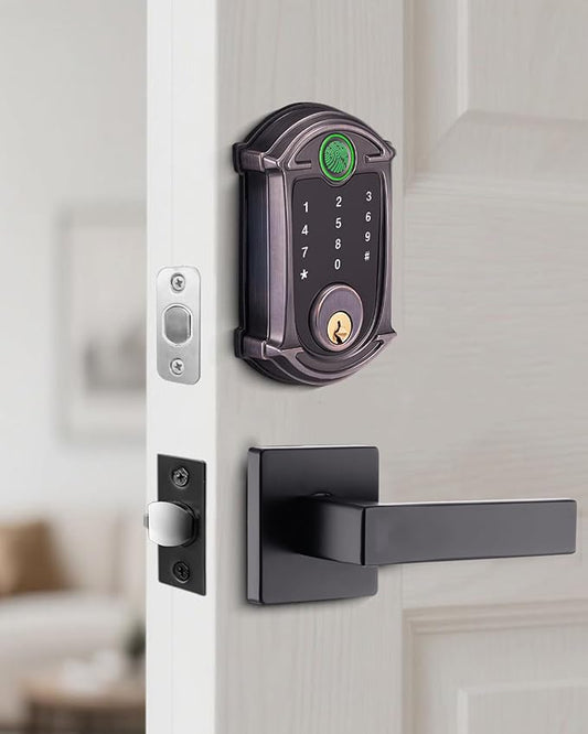 Keyless-Entry Deadbolt Smart Lock with Lever Handle Set: Digital Exterior Waterproof IP56 Locks for Front Door, Smartphone Control Fingerprint Door Lock with Keypad Key Fob(Venetian Bronze)