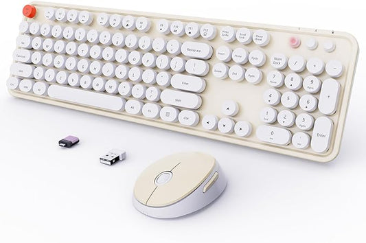 Wireless Keyboard and Mouse Combo, Ergonomic Full Size Typewriter Retro Round Keycaps Keyboard, Compatible with Windows, PC, Perfer for Home and Office Keyboards (Beige