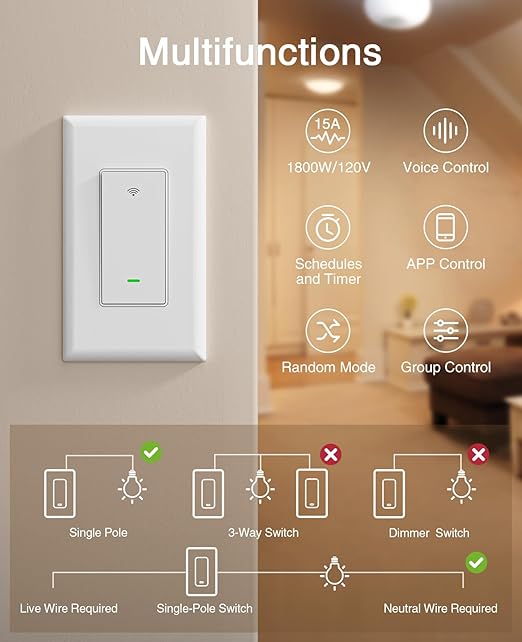 GHome Smart Switches for Lights, WiFi Smart Light Switch Works with Alexa and Google Home, Single-Pole, Neutral Wire Required, 2.4Ghz WiFi Light Switch with APP Control, No Hub Required, UL FCC Listed