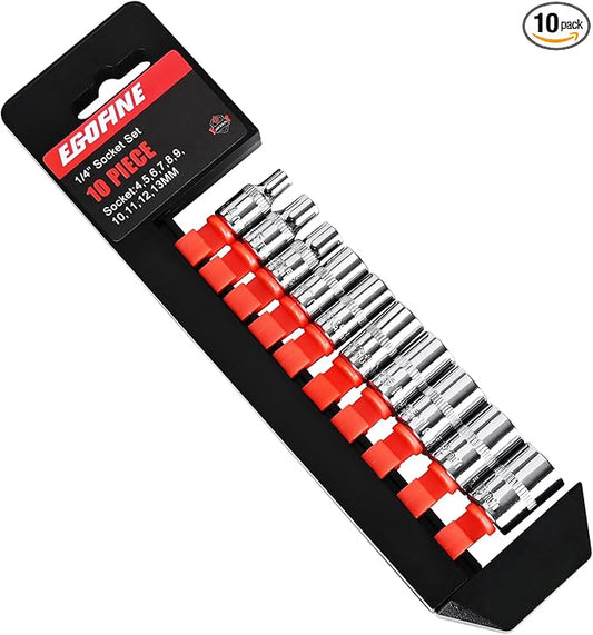 Egofine 10PCS 1/4” Drive Standard Socket Set,Shallow Socket Set,Metric（4-13mm,6 Point Socket With Hanging Bracket,Cr-V Steel
