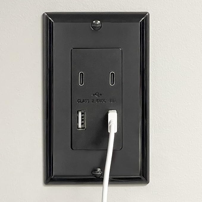Maxxima USB Receptacle Outlet - 4.8A USB C/A High Speed 4 USB Wall Charging Ports, Vertical Multi-Plug Socket, Electrical AC Replacement, Outlet Wall Plate Included - Black