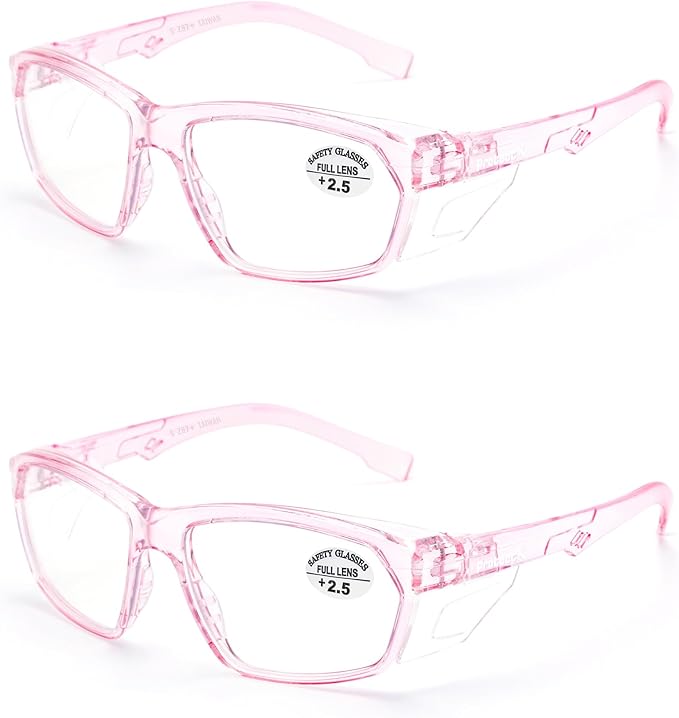ProtectX Stylish Anti-Fog & Scratch-Resistant Safety Glasses With Readers, UV Protection Goggles, Anti-Impact Lightweight Glasses for Men＆Women Pink Reading 2.5-2 Pack