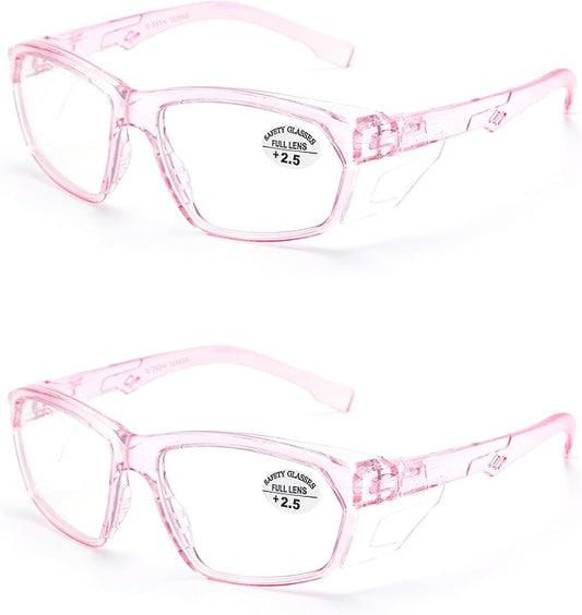 ProtectX Stylish Anti-Fog & Scratch-Resistant Safety Glasses With Readers, UV Protection Goggles, Anti-Impact Lightweight Glasses for Men＆Women Pink Reading 2.5-2 Pack