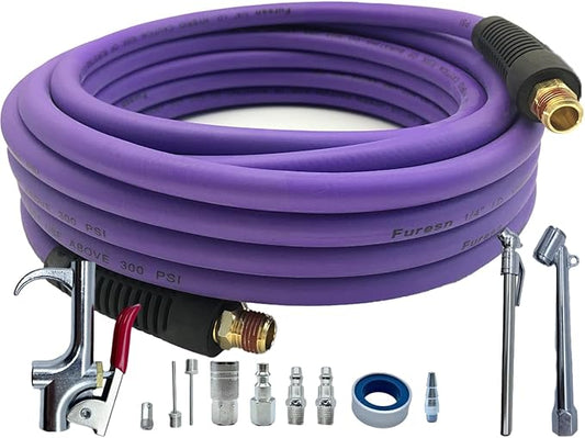 Air Hose 1/4 in x 30 ft, Hybrid Air Compressor Hose Kit with 1/4 in NPT Male Threads, 13 Piece Air Tool & Air Compressor Accessories Kit, Bend Restrictors, 300 PSI (Purple, 30FT-13 Pieces)