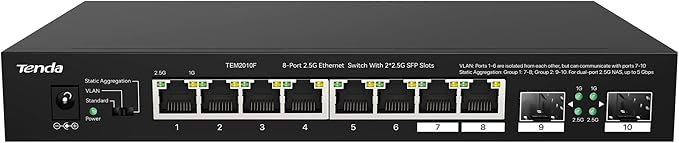 Tenda TEM2010F, 8 Port 2.5G Ethernet Switch Support NAS 5G Transmission, Unmanaged 2.5G Switch with 8 x 2.5G Ports, 2 x 2.5G SFP Slots, 50Gbps Switching Capacity, Fanless, Limited Lifetime Protection