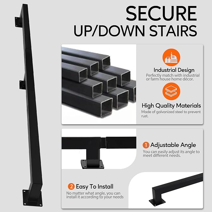 8FT Square Stair Railing Indoor, Black Wall Mount Handrail for Staircase, 440lbs Load Capacity Non-Slip Metal Handrail, Heavy-Duty Carbon Steel Grab Bar for Steps and Porch