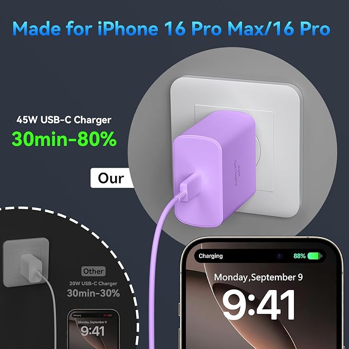 Phone 16 Pro Max Charger Fast Charging, 45W Super Fast USB C Charger Block with 10FT Long Charging Cord Cable for Phone 16 Pro Max/16 Pro/16/16 Plus,15 Pro Max/15 Pro/15,Android Phone-Purple