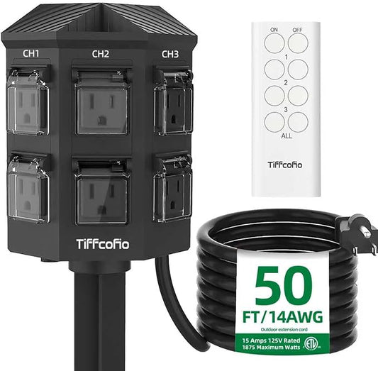 Outdoor Remote Control Power Strip, 25FT Extension Cord Waterproof, Independent Control Outlets, 6 Grounded Outlets for Outdoor Decorations, 14 AWG, 15A/1875W, ETL Listed (50 FT)