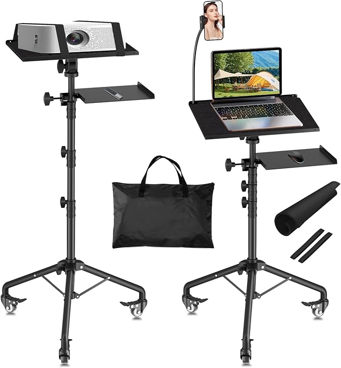 Projector Stand Tripod Laptop Tripod on Wheels with 2 Shelves, Adjustable Height 26 to 49 Inch Portable Podium Stand with Gooseneck Phone Holder for Office, School, Home, DJ Racks