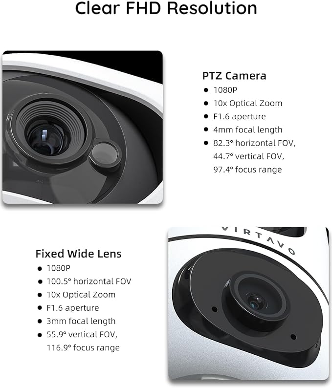 virtavo XD1 Indoor Security WiFi Camera, No Subscription Required, Dual-Lens 360° PTZ Baby Monitor & Pet Cam, Motion Tracking, 2-Way Audio, Night Vision, Cloud/SD Storage, Phone App, Plug-in Power