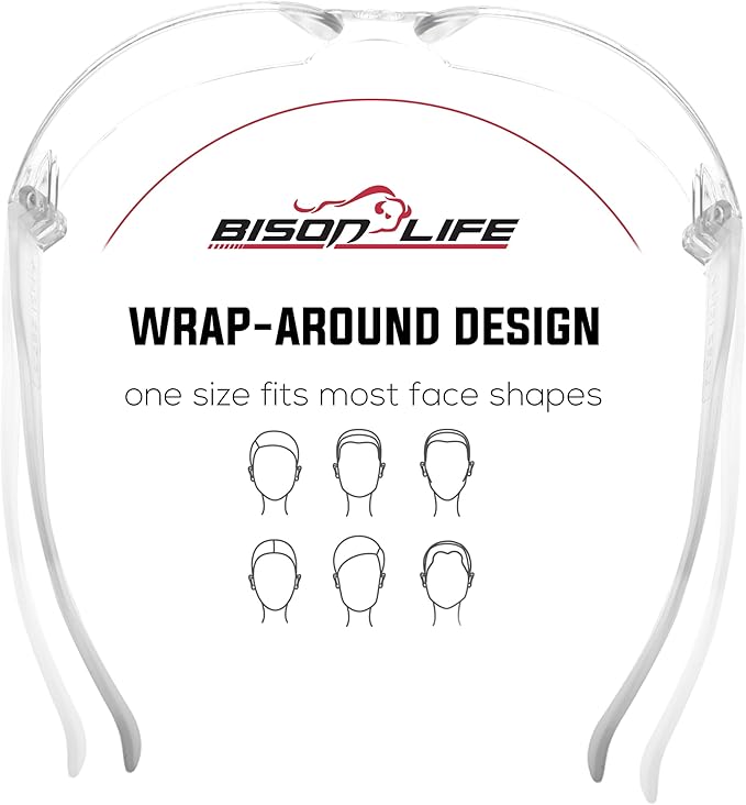 BISON LIFE Safety Glasses - Scratch Resistant Wrap Around Eyewear, Polycarbonate ANSI Z87.1 Impact Resistant Lens