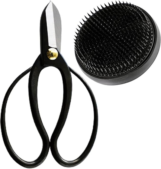 Wazakura Made in Japan Ikebana Tool Kit - Koryu Scissors + Black Kenzan Flower Holder, Japanese Floral Arrangement Set, Florist Shears and Pin Frog Gift Box Set - Koryu and Black Kenzan 3-1/4" (80mm)