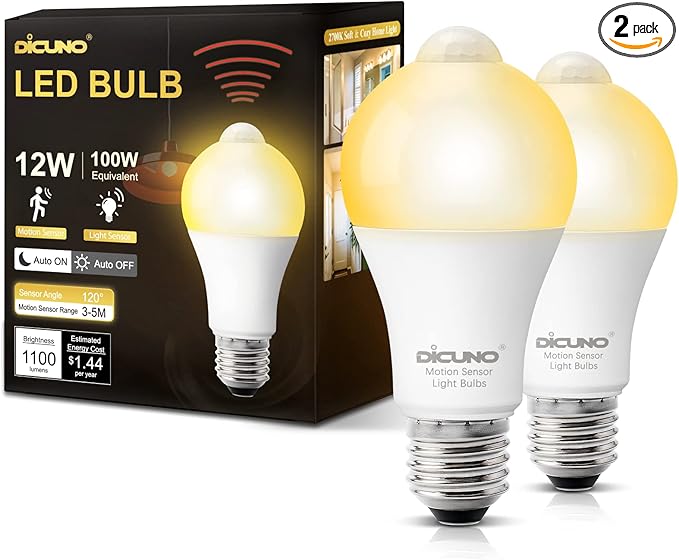 DiCUNO PIR Motion Sensor Light Bulbs, 12W (100W Equivalent) E26 LED Body Motion Sensor Infrared Bulb Auto on/Off, Outdoor/Indoor Light for Front Porch Garage, 1100LM 2700K Warm White, 2 Pack