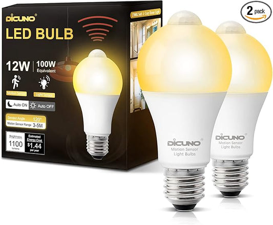 DiCUNO PIR Motion Sensor Light Bulbs, 12W (100W Equivalent) E26 LED Body Motion Sensor Infrared Bulb Auto on/Off, Outdoor/Indoor Light for Front Porch Garage, 1100LM 2700K Warm White, 2 Pack