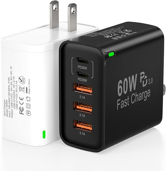 2Pack USB C Fast Charger Block, 60W 5-Port USB C Wall Charger 30W Type C Charging Block, 2USB C+3USB A PPS/PD 3.0 Multiport Charging Cube for iPhone 16 15 14 13 Pro Max,for Galaxy S25 S24 Ultra, i Pad