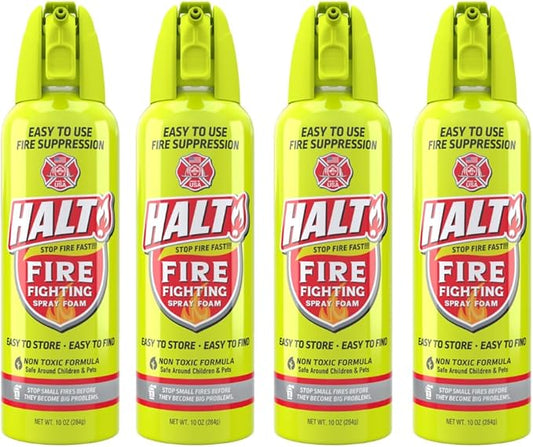 HALT! Fire Fighting Foam Spray – Non-Toxic, PFAS Free, Easy to Use, Store, and Find in Emergency – Compact & Portable – Ideal for Home, Kitchen, Apartment, Car, BBQ, Tailgate – Made in USA (4-Pack)