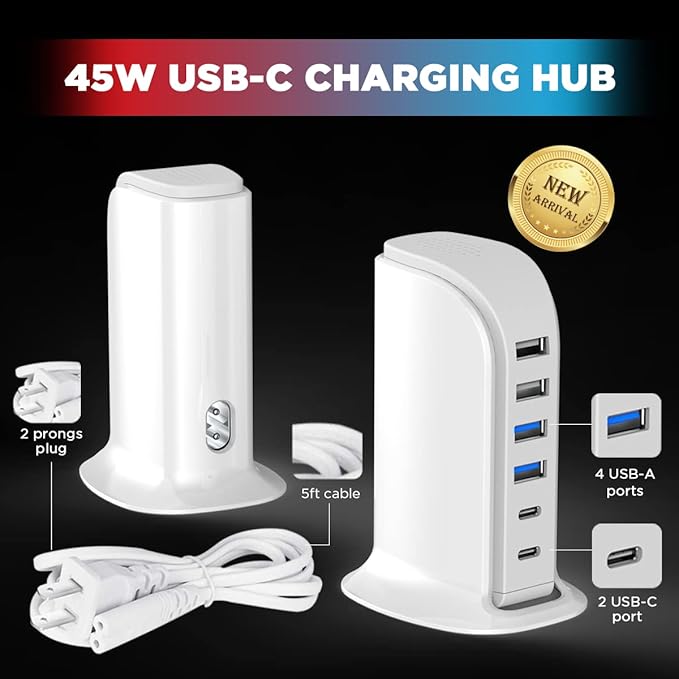 USB Charger Upoy, Charging Station for Multiple Devices 45W, Fast Charging Blocks with Dual Type C Ports, USB Charging Hub Organizer Multiport for iPhone, Ipad, Kindle, Travel Accessories