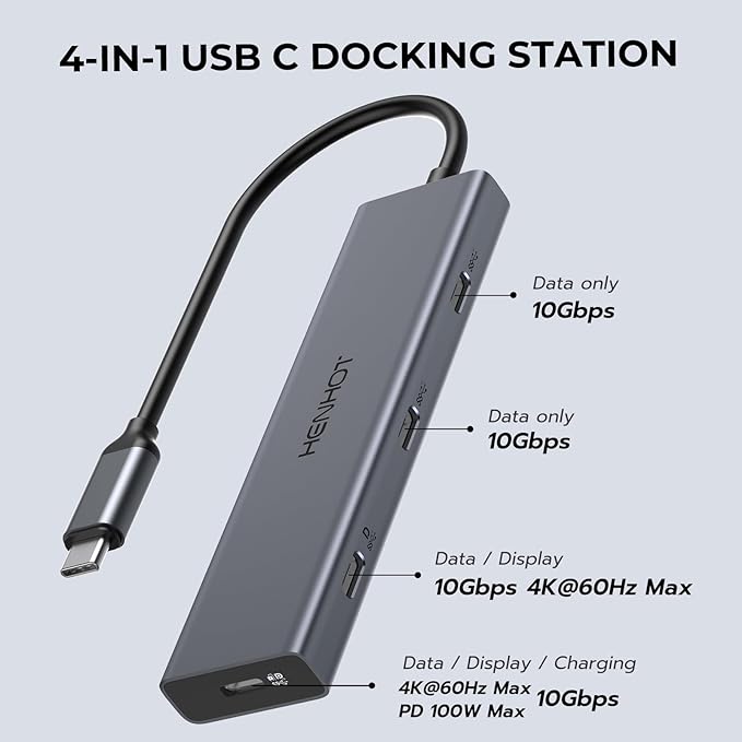 USB C Video Output Hub, Dual Monitor Docking Station Supports USB-C PD Monitor, Thunderbolt Splitter for Portable Screen, Video Output 4K@30-60Hz, 4 Port Gen2 10Gbps, PD 100W, with Type C Video Cable
