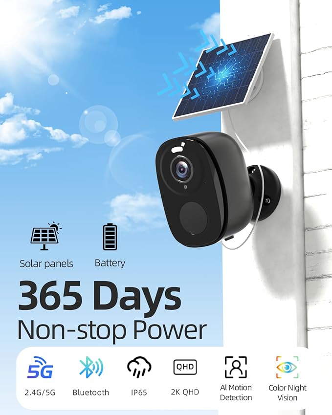 2.4&5G Solar Security Cameras Wireless Outdoor,2K QHD Home Security System, Solar Cameras Kit with 130° Ultra-Wide View, 2-Way Talk, IP65,Color Night Vision, Spotlight & Siren (1, Black)