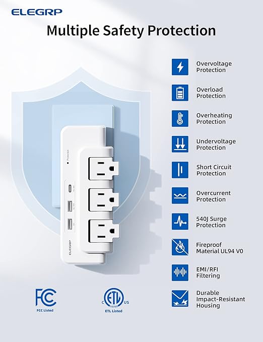 ELEGRP Outlet Extender with Rotating Surge Protector & 3 USB Ports, Multi Plug Adapter - Power Strip for Home, Office, Travel - ETL Listed, White, 3 Pack