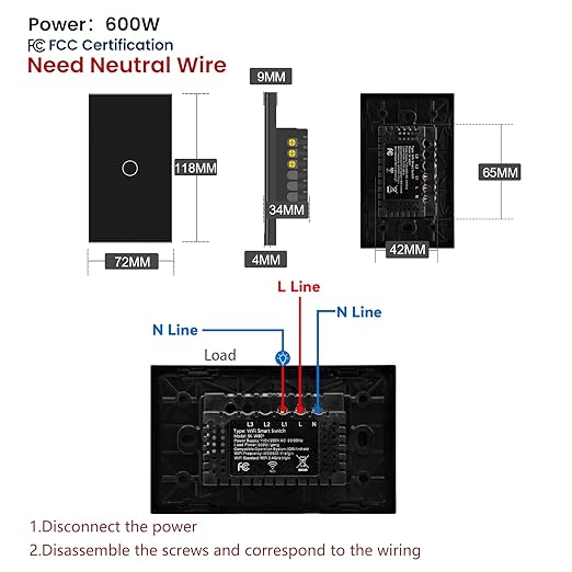 Smart Light Switch 3 Way Need Neutral Wire,FCC Certified,2.4GHz WiFi Switch Glass Panel APP Control Timer Work with Tuya/Smart Life,Alexa and Google Home,Black 1 Gang