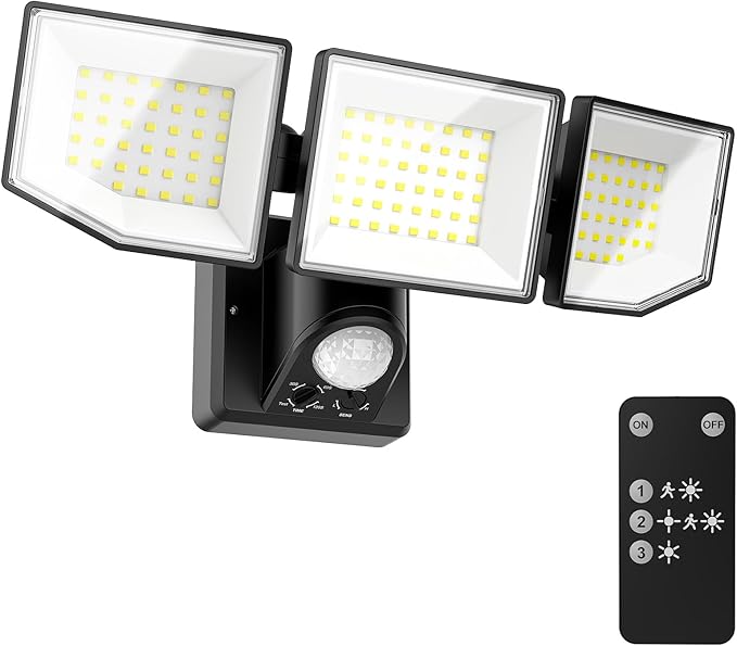 38W LED Security Lights Outdoor with Remote Control, 7500LM Motion Sensor Floodlight, 3 Modes, 6500K, IP65 Waterproof, Dusk to Dawn 3-Head Fixture for Garage, Yard, Porch (Black)