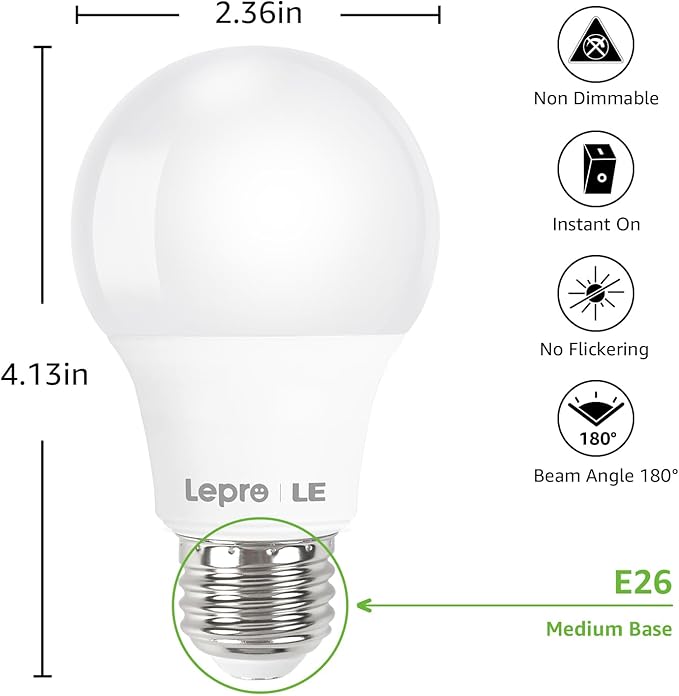 Lepro LED Light Bulbs 60 Watt Equivalent, 9W 800 Lumens Non-Dimmable, Daylight White 5000K, A19 E26 Standard Medium Base, 10000 Hour Lifetime 3 Count (Pack of 1)