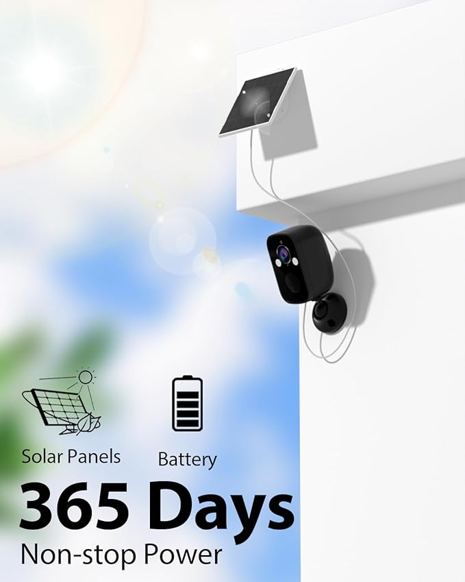 Rraycom Wireless Battery-Powered Security Camera Outdoor with Solar Panel, 2K QHD Resolution, Color Night Vision, 130° Viewing Angle, AI Motion Detection, 2-Way Talk, Cloud/SD Storage