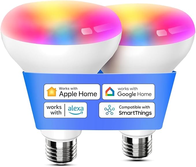 meross Smart Light Bulb, BR30 WiFi Flood LED Bulbs Support Apple Homekit, Siri, Alexa, Google, Full Color Changing RGBCW Dimmable 1300 Lumens 100W Equivalent, White, 2 Count (Pack of 1)