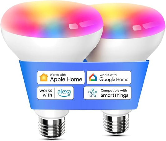 meross Smart Light Bulb, BR30 WiFi Flood LED Bulbs Support Apple Homekit, Siri, Alexa, Google, Full Color Changing RGBCW Dimmable 1300 Lumens 100W Equivalent, White, 2 Count (Pack of 1)