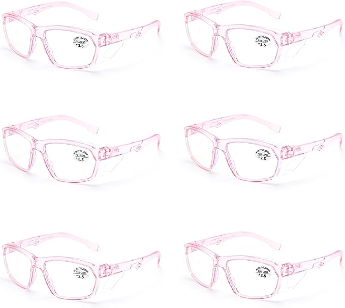 ProtectX Stylish Anti-Fog & Scratch-Resistant Safety Glasses With Readers, UV Protection Goggles, Anti-Impact Lightweight Glasses for Men＆Women Pink Reading 2.5-6 Pack