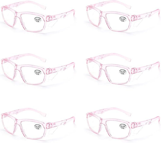 ProtectX Stylish Anti-Fog & Scratch-Resistant Safety Glasses With Readers, UV Protection Goggles, Anti-Impact Lightweight Glasses for Men＆Women Pink Reading 2.5-6 Pack