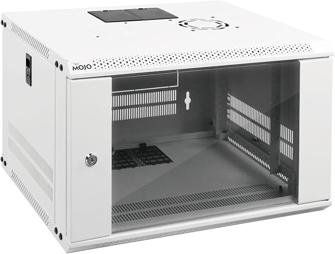 Tecmojo 6U Wall Mount Rack Network Cabinet for 19" IT Equipment,with Lockable Glass Door and Side Panels,Cooling Fan,17.7inch Depth,White