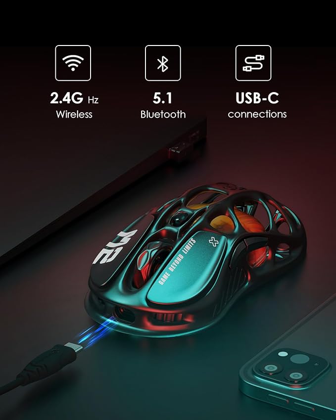 GravaStar Mercury M2 Wireless Gaming Mouse with 26,000 DPI, PAW3395DM Sensor -79g Lightweight Hollowed-Out Design -5 Programmable Buttons -5 Dynamic Lightsync RGB