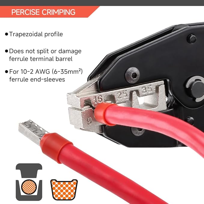 HKS Crimping Tool for Sleeves Ferrule Terminals & Pin Cord End- Ratcheting Wire Crimpers - AWG 10-2 (6-35mm²) - Ratchet Terminal Crimper - Electrical Crimping Tool
