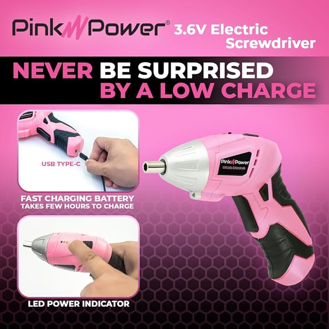 Pink Power 3.6 Volt Electric Screwdriver Cordless Rechargeable Screw Gun & Bit Set for Women - Cordless Screwdriver LED light, Battery Indicator and Pivoting Head - Small Power Screwdriver