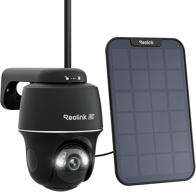 REOLINK 4K Solar Security Cameras Wireless Outdoor, 360° Pan Tilt, 8MP Color Night Vision, 2.4/5 GHz Wi-Fi 6, No Monthly Fee, Home Hub Compatible, Argus PT 4K+ 3W Solar Panel (Black)