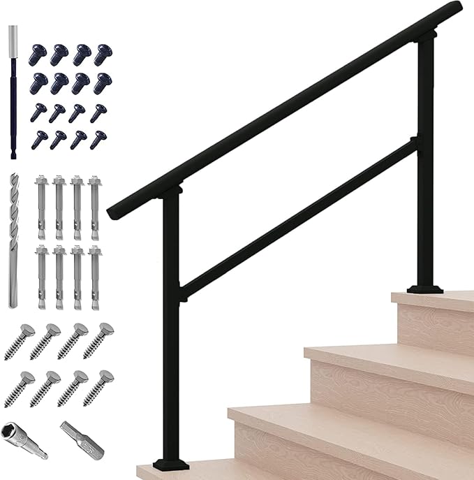 Handrails for Outdoor Steps,1-4 Step Stair Handrail & Indoor Stair Railing Kit，Black Railings for Outdoor Steps and Hand Rails for Seniors for Porch（4 Step）
