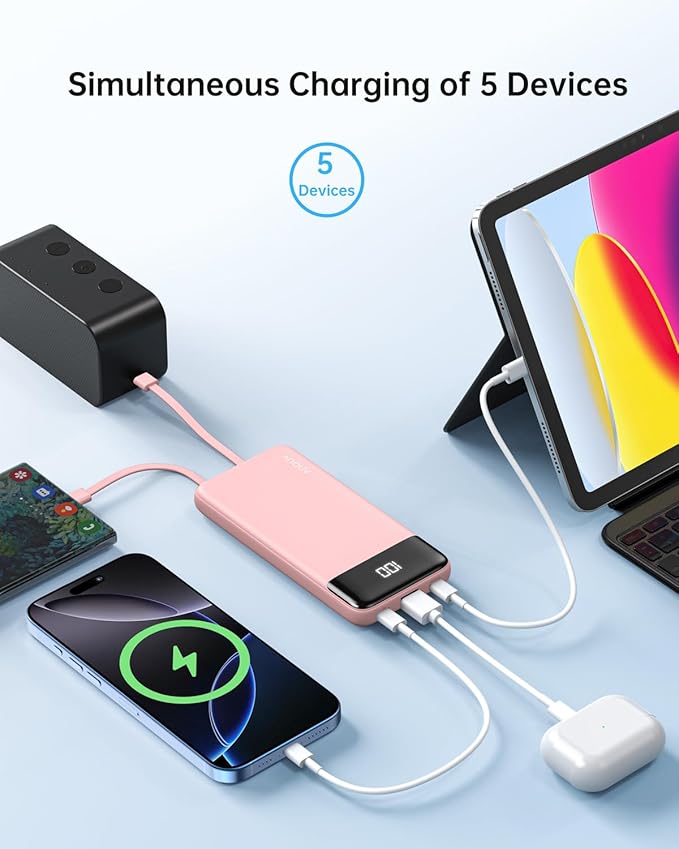 Portable Charger with Built-in Cables 10000mAh Power Bank with Cords, Slim Fast Charging Battery Pack, Travel Essential Portable Charger for iPhone 17/16/15/14/13 Series, Samsung Google Pixel iPad