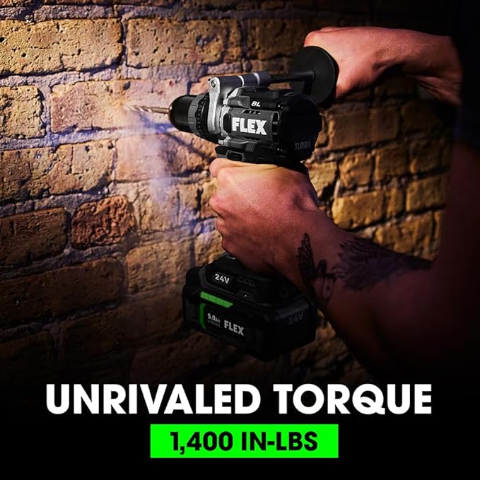 FLEX 24V Brushless Cordless 1/2-Inch 1,400 In-Lbs Torque 2-Speed Hammer Drill Turbo Mode Kit with 2.5Ah, 5.0Ah Lithium Batteries and 160W Fast Charger - FX1271T-2B